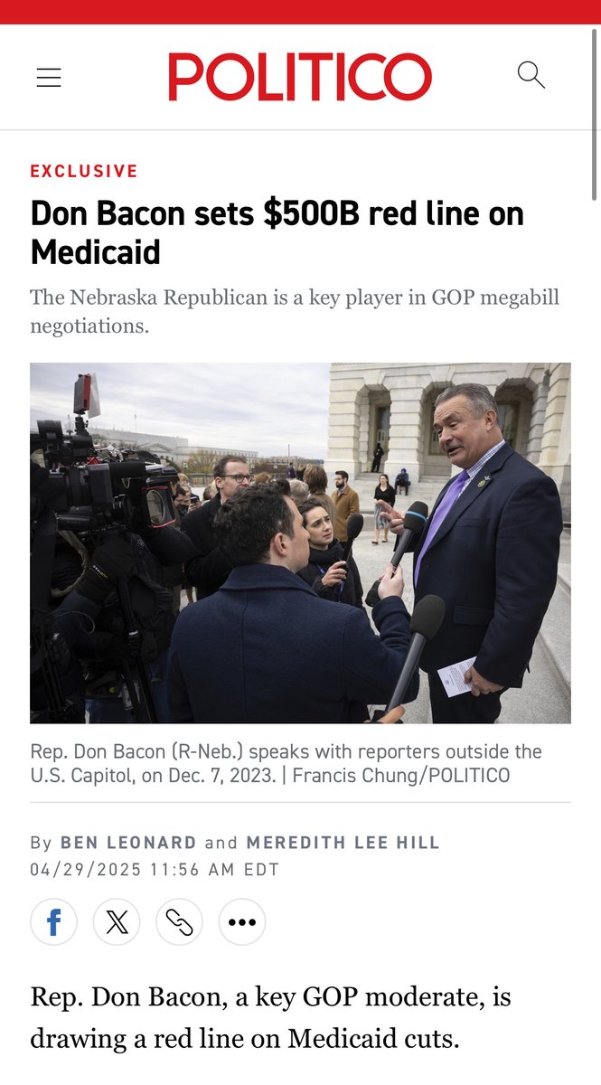 <a href="/RepBresnahan/">Congressman Rob Bresnahan Jr.</a> <a href="/RepDavidValadao/">Rep. David Valadao</a> <a href="/RepNicole/">Rep. Nicole Malliotakis Office</a> .<a href="/RepDonBacon/">Rep. Don Bacon 🇺🇸✈️🏍️⭐️🎖️</a> said he won’t support more than $500 billion in Medicaid cuts. This bill is even worse, cutting $700 billion+ from Medicaid, ripping care away from millions.

This bill crosses his red line. We urge him to stand by his word and vote no.