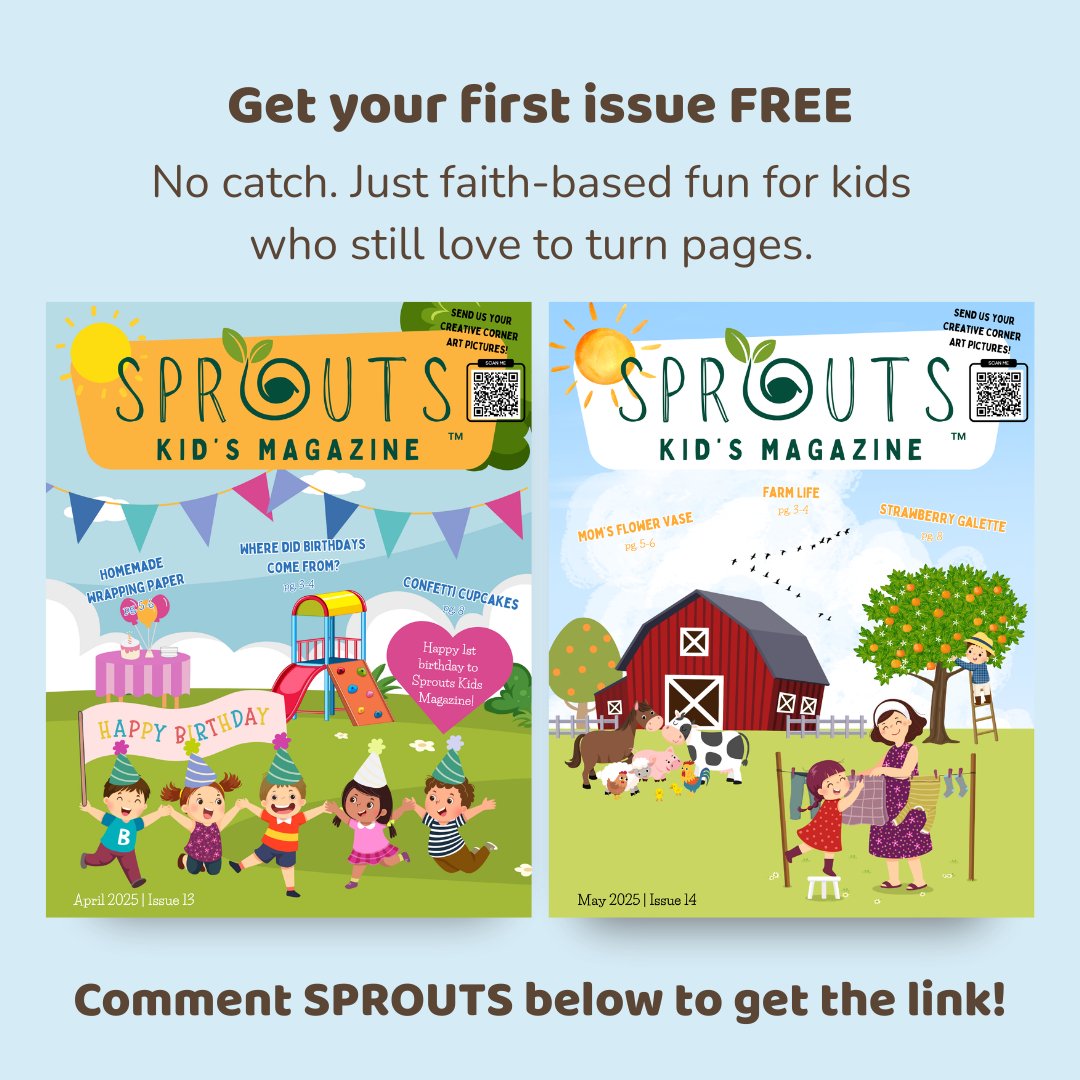 Want more faith, more fun, and less screen time?
Your first issue of Sprouts Kids Magazine is completely FREE—no strings, just stories and activities your kids will love.

👇 Comment SPROUTS and we’ll send you the link!
#SproutsFreeIssue #RaisingFaithfulKids