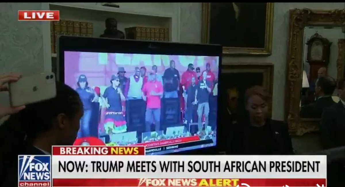 B7frankH's tweet photo. #BREAKING 🔥🚨
Donald Trump just summoned the South African President to the Oval Office and humiliated him in front of the world over the White Genocide he's allowing.

Elon Musk is BACK in the Oval Office, staring the President of South Africa in the eyes

Trump playing video footage of South Africa’s black party singing “kill the Boer (Whites), kill the White farmer" in front of the South African president.

Cyril Ramaphosa was speechless 😂😂

America voted for this.