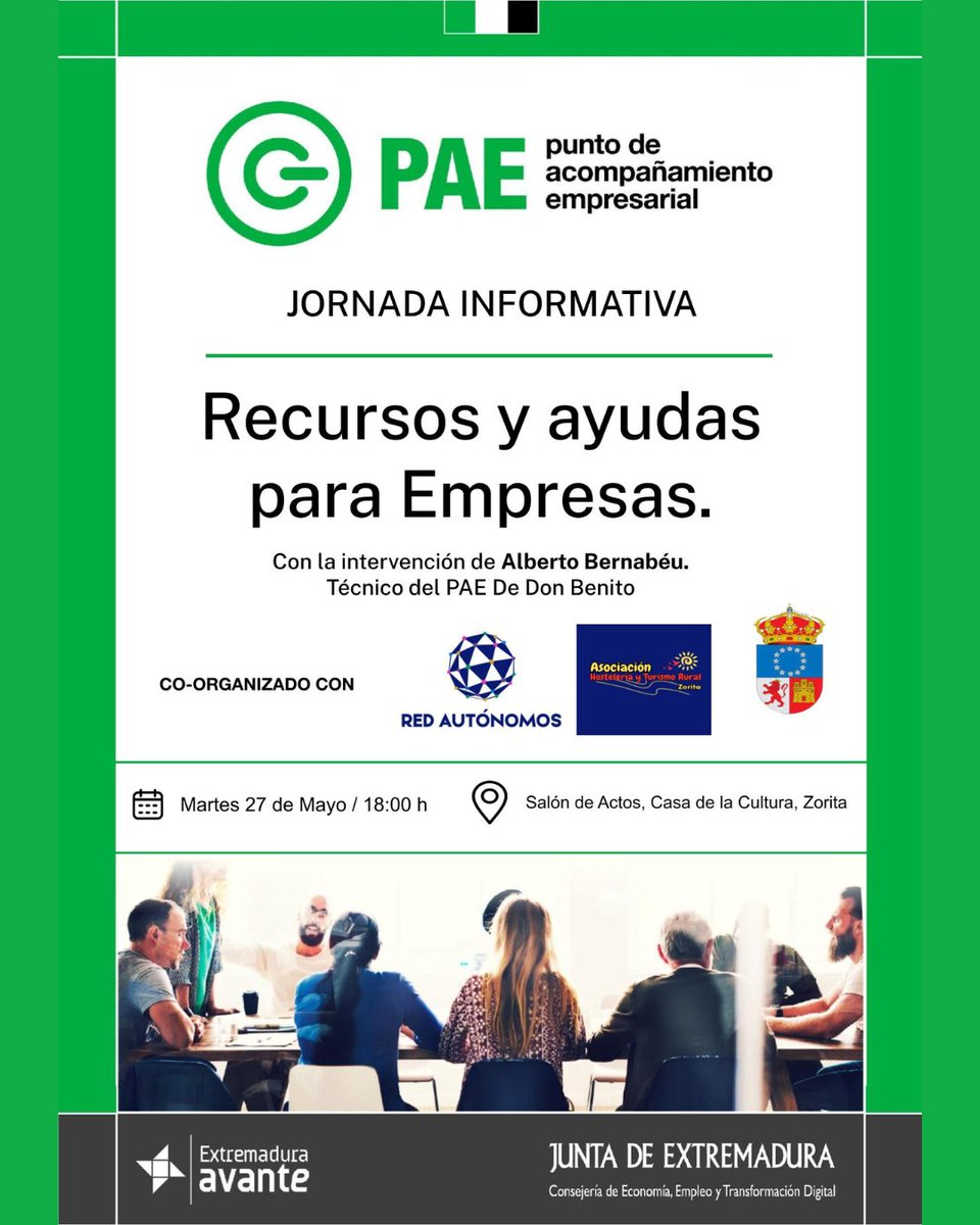 📢 ¿Tienes una pyme, eres autónomo/a o estás pensando en emprender?
¡Esta jornada es para ti! 💼

🗓 Martes 27 de mayo
🕕 18:00 h
📍 Salón de Actos, Casa de la Cultura, Zorita
🔗 Más info y registro: redautonomos.es/eventos/jornad…