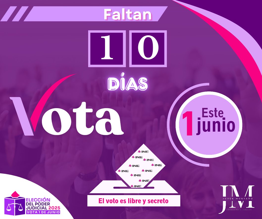 Montano_Ventura's tweet photo. El próximo 1° de junio se celebrará en México el primer proceso electoral judicial donde se elegirán:

□ Ministras y ministros de la #SCJN.
□ Magistraturas de la Sala Superior
    del #TEPJF.
□ Magistraturas del Tribunal de
    Disciplina Judicial.
□ Magistraturas de las salas
    regionales del TEPJF.
□ Magistraturas de circuito.
□ Juezas y jueces de distrito.

#VivamosLaDemocracia
#VotoLibreYSecreto
#VotaPoderJudicial2025