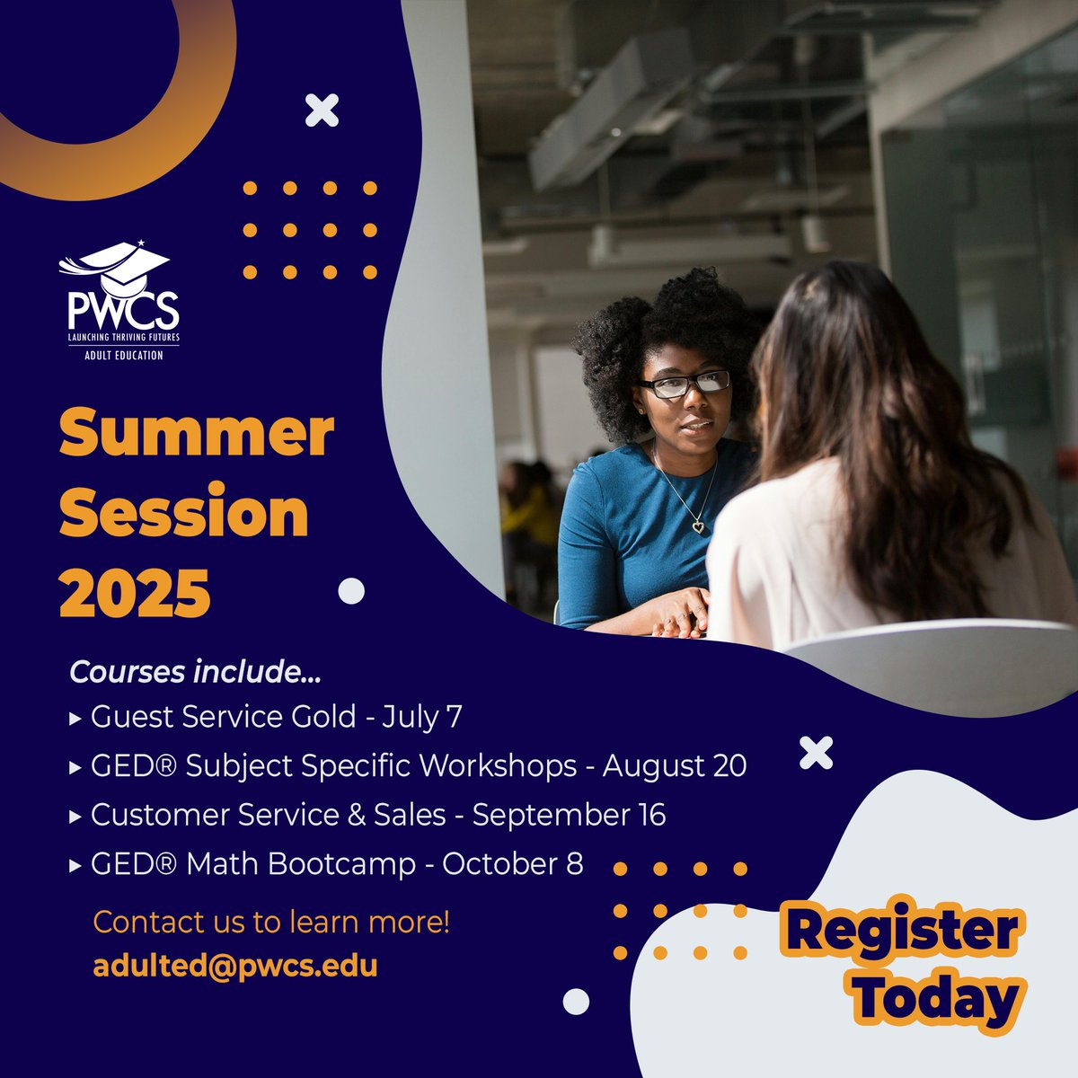 Summer Session 2025 is OPEN for registration!

If you are looking to improve your customer service skills or gain your high school diploma—then this session is for you!

Access our registration application here:
linktr.ee/pwcsadulted