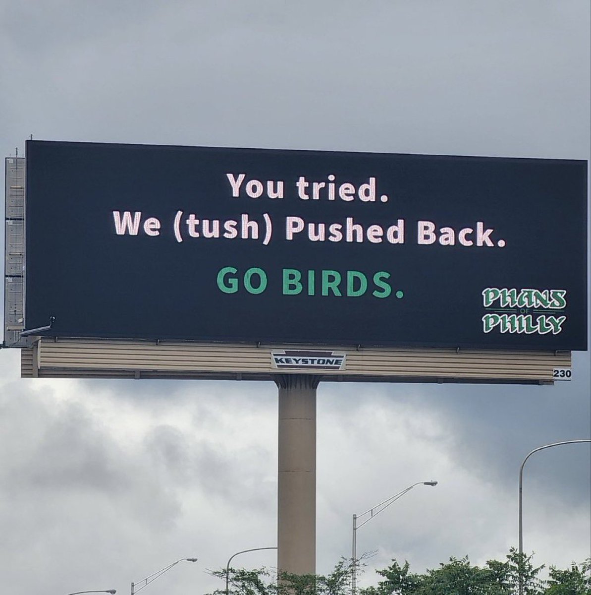 MLFootball (@_mlfootball) on Twitter photo #EAGLES FANS ALREADY HAVE BILLBOARDS UP TROLLING THE #NFL AND THE #PACKERS.
“YOU TRIED. WE (TUSH) PUSHED BACK. GO BIRDS.”
(📸: <a href="/SportsRadioWIP/">SPORTSRADIO 94WIP</a>) #EAGLES FANS ALREADY HAVE BILLBOARDS UP TROLLING THE #NFL AND THE #PACKERS.
“YOU TRIED. WE (TUSH) PUSHED BACK. GO BIRDS.”
(📸: <a href="/SportsRadioWIP/">SPORTSRADIO 94WIP</a>)