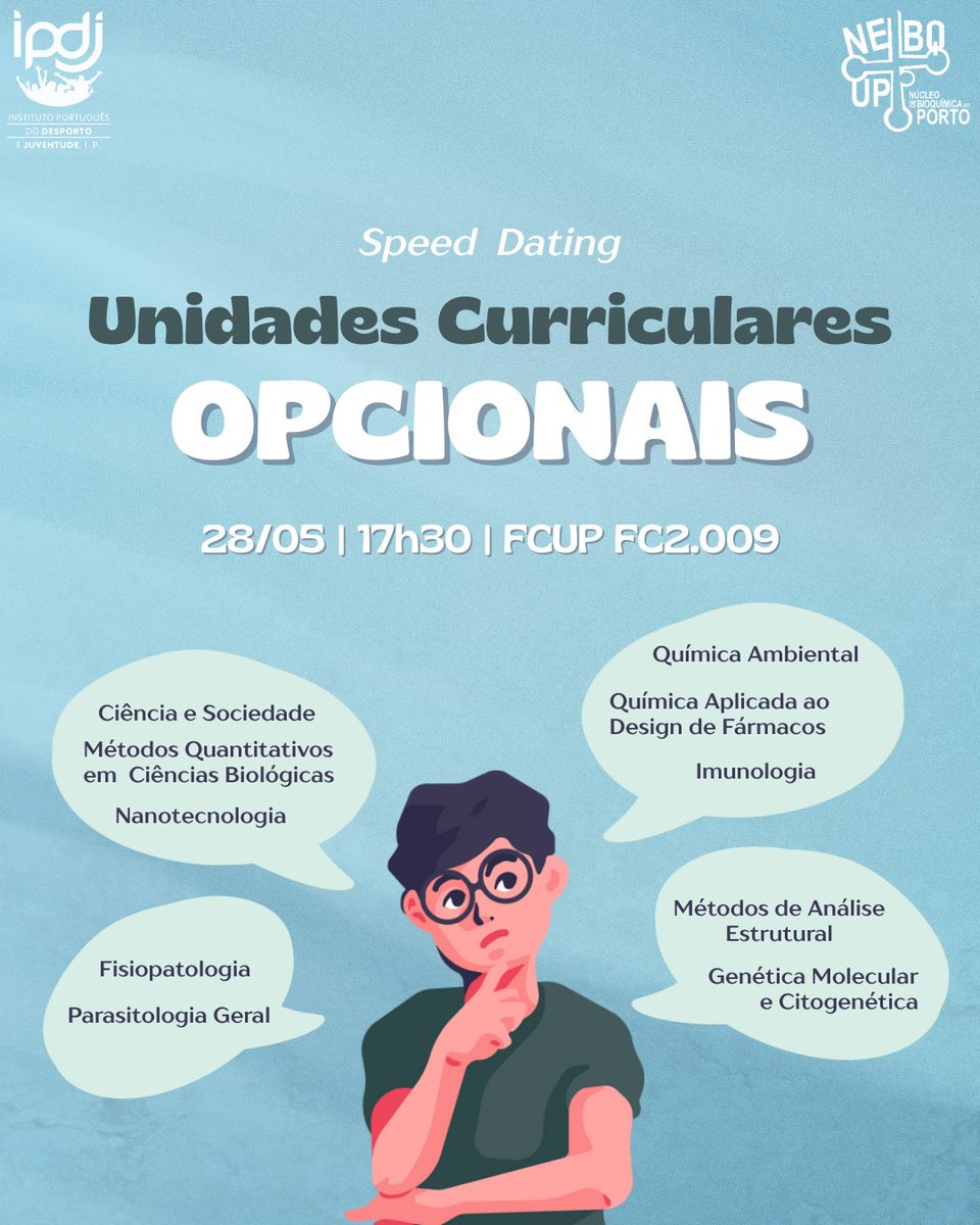 NEBQUP's tweet photo. O 3° ano está repleto de decisões, então, para facilitarmos parte desse processo, preparamos uma sessão de esclarecimento sobre as unidades curriculares opcionais que tens disponíveis!⏳🧬 https://t.co/zncL3glHt9