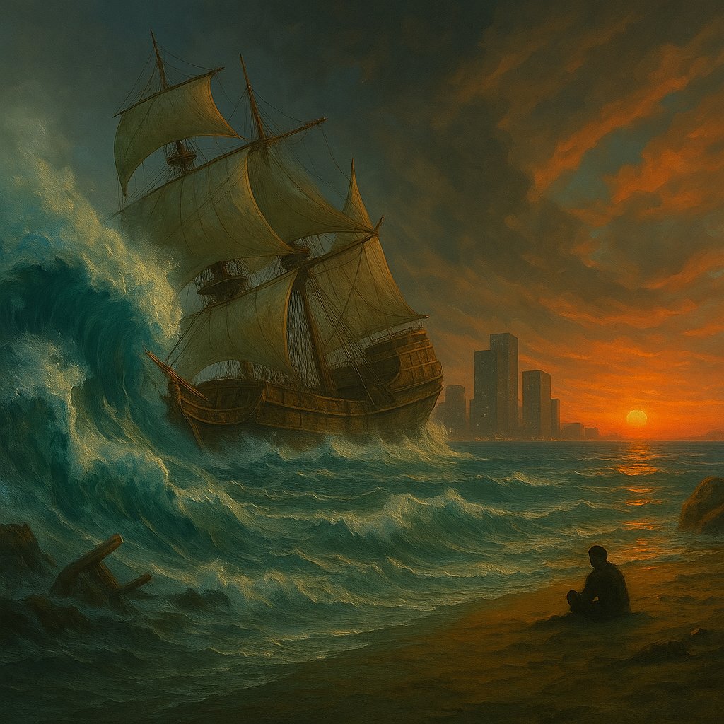 《涛中事 vs. 岸上人》

     风卷涛声撞巨舟，粉身碎骨激沉浮。
     排干覆水撬鲨齿，猎尽长空捕海鸥。
     一夕惊雷归寂静，而今斩岸载闲游。
     坐观落日幽红色，不信清波压垮楼。

白话翻译：

1. 风暴来临时，浪潮奋起撞向权力的船舷。
2. 他们即使粉身碎骨，也要把大船撞沉。
3.