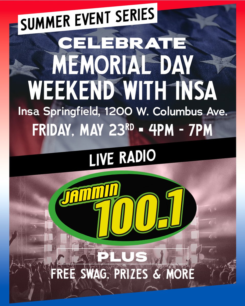 🎉 Kick Off Memorial Day Weekend with INSA!
We’re bringing the vibes, the prizes, and the live tunes to Springfield!
📍 Location: Insa Springfield, 1200 West Columbus Ave.
📅 Date: Friday, May 23rd
🕓 Time: 4PM – 7PM
 event only for 21+
#MemorialDay #Weekend #Friday  #Music #Insa