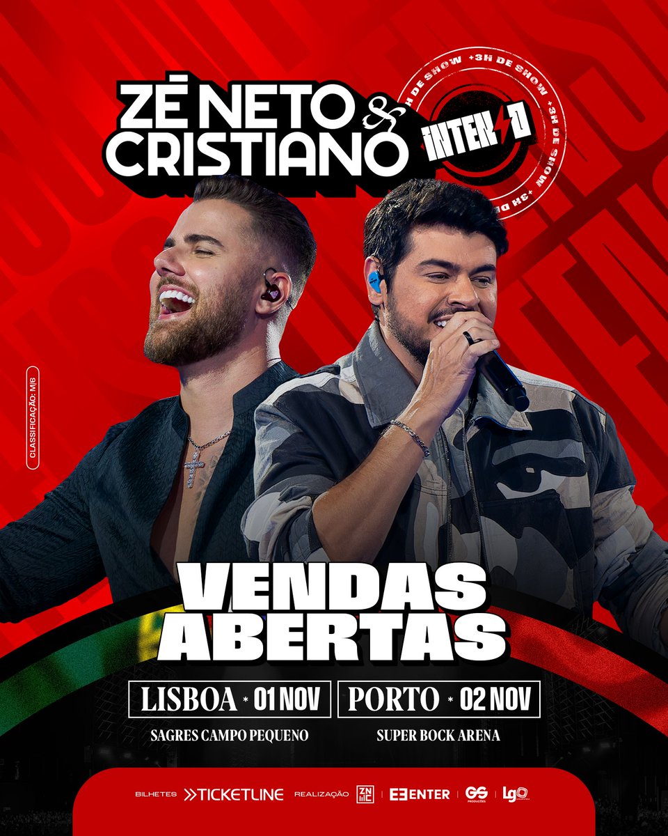 ticketlinept's tweet image. 💥 Zé Neto e Cristiano ao vivo em Portugal!! Intenso 🔥 ao vivo dias

🗓️ 1 de novembro📍Sagres Campo Pequeno, Lisboa
🗓️ 2 de novembro📍Super Bock Arena, Porto

🎟️ Bilhetes já à venda em ticketline.pt 

#ticketline #zenetoecristiano