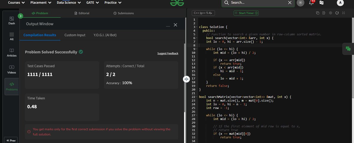 Anushka7289's tweet photo. ✅ Day 40 of #gfg160 #geekstreak2025
Problem: Search in a Sorted Matrix
Implemented the optimized approach starting from the top-right corner ➡️⬇️

@geeksforgeeks #cpp #dsa #matrixsearch #100daysofcode #codegrind #dailypractice https://t.co/DtsdXkbwMd