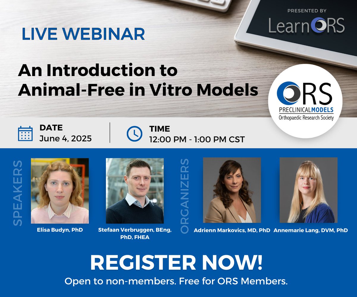 Orthopaedic Research Society (@orssociety) on Twitter photo Join us June 4 at 12 PM CST for #WebinarWednesday! Explore animal-free in vitro #preclinical systems—3D cultures, organoids, explants & more—used in #orthopaedic research. <a href="/ORSPCMSection/">ORS Preclinical Models Section</a>
Open to all. Free for ORS Members. Learn more and register now: bit.ly/4dLKzFM Join us June 4 at 12 PM CST for #WebinarWednesday! Explore animal-free in vitro #preclinical systems—3D cultures, organoids, explants & more—used in #orthopaedic research. <a href="/ORSPCMSection/">ORS Preclinical Models Section</a>
Open to all. Free for ORS Members. Learn more and register now: bit.ly/4dLKzFM
