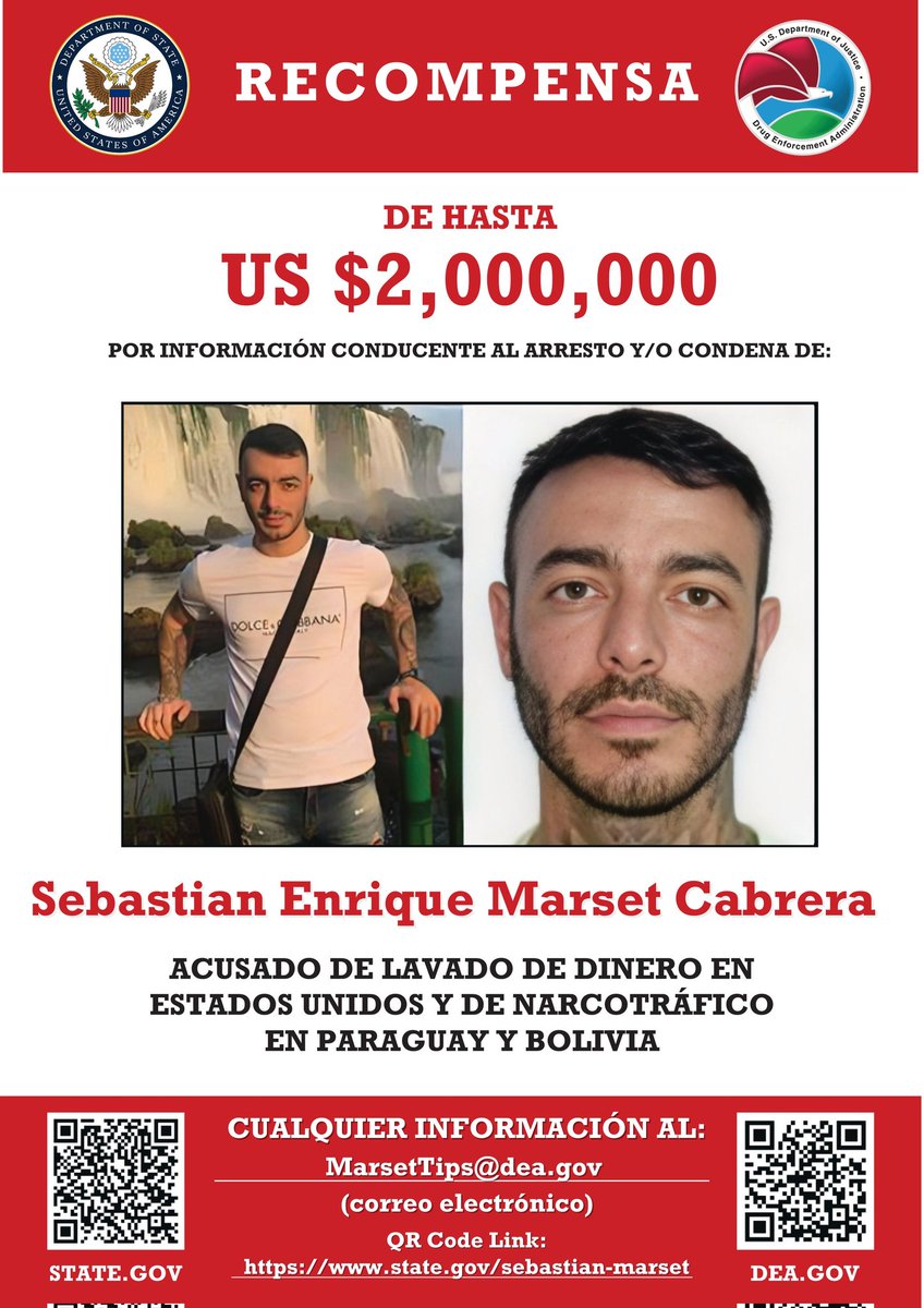 ⚖️Gianina García Troche, esposa de Marset guardará reclusión en la cárcel militar de Viñas Cué. 
En tanto que, por el supuesto narco, ofrecen una recompensa de hasta 2 millones de dólares a cambio de información.