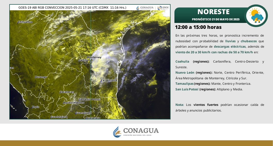 conagua_clima's tweet photo. En las próximas 3 horas, se prevén #Lluvias y #Chubascos para regiones de #Coahuila, #NuevoLeón, #Tamaulipas y #SanLuisPotosí ⬇️ https://t.co/Dt5HIfz2tk