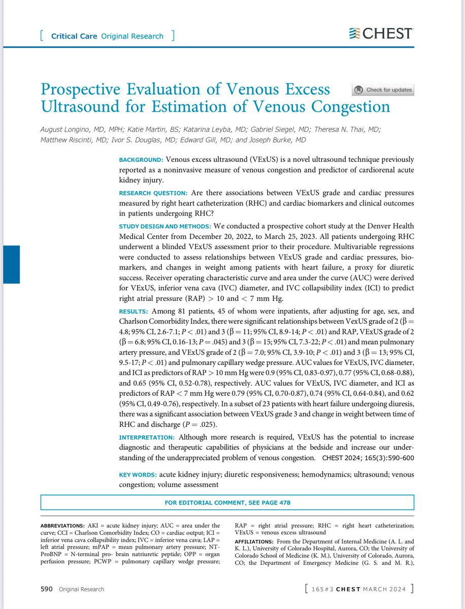 VExUS tiene correlación con presión auricular derecha (R²=0.55), mPAP (R²=0.16) y PCWP (R²=0.50). AUC para detectar RAP &gt;10 mmHg de 0.9, superior a IVC diámetro (0.77) e índice de colapsabilidad (0.65)

Mejor utilizar herramientas no invasivas 

🔗 pmc.ncbi.nlm.nih.gov/articles/PMC11…
