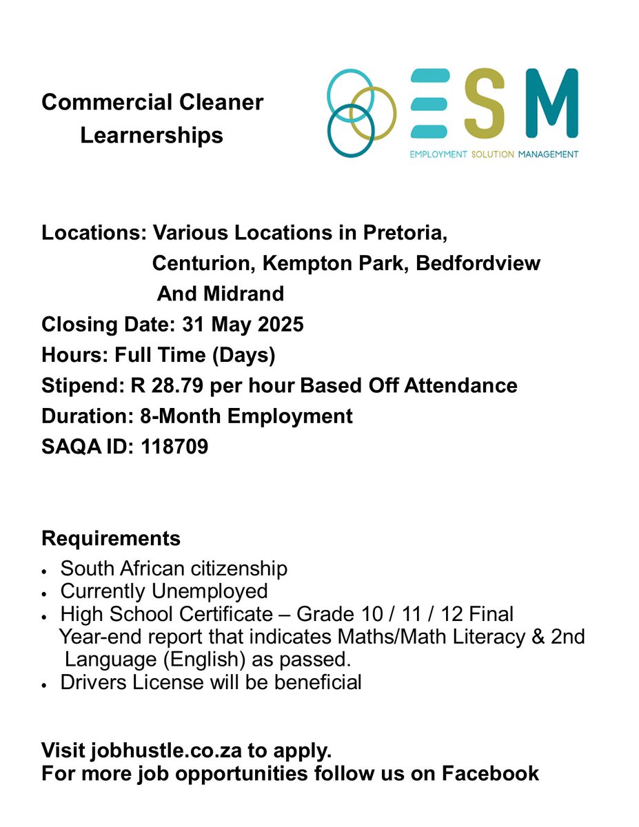 Jobhustleza's tweet photo. @ChrisExcel102 ESM Commercial Cleaner Learnership

Locations: Various Locations in Pretoria, Centurion, Kempton Park, Bedfordview And Midrand

Closing Date: 31 May 2025

Hours: Full Time (Days)

Stipend: R 28.79 per hour BASED OFF ATTENDANCE 

Apply: https://t.co/ir4R2lVXgq https://t.co/0n0k8JXqam