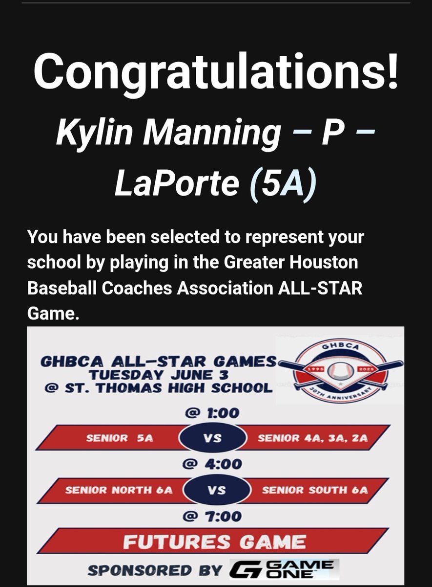 I am honored to be selected to represent La Porte High School by pitching in the Greater Houston Area All-Star game! See you there!