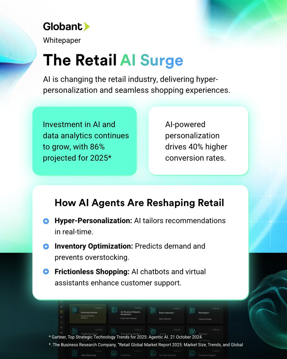 AI Agents are transforming the shopping experience—optimizing operations and enhancing customer acquisition and retention.

Want to learn more? Download our latest report: globant.link/3H7wLc

#AI #AIAgents