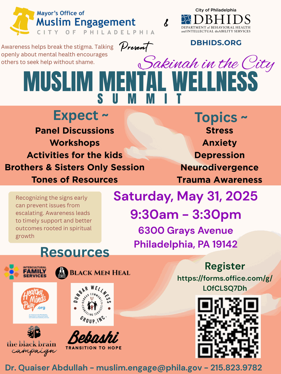 Join us May 31 for Sakinah in the City, the Muslim Mental Wellness Summit. A full day of healing, tools, &amp; community care. 

6300 Grays Ave
9:30AM–3:30PM
muslim-engage-philly.odoo.com/r/txe

#MuslimWellness #SakinahInTheCity #FaithAndHealing
