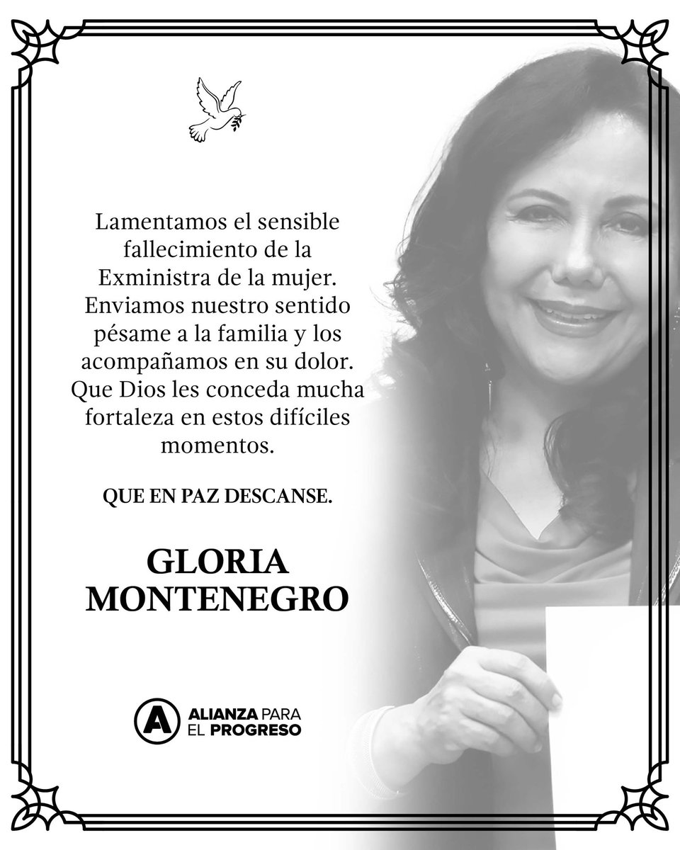 🕊️ Alianza Para el Progreso lamenta profundamente el fallecimiento de Gloria Montenegro, exministra de Estado y exdirigente de nuestro partido. Su compromiso con el desarrollo del Perú y su firme defensa de los más vulnerables quedarán como legado imborrable. QEPD 🤍