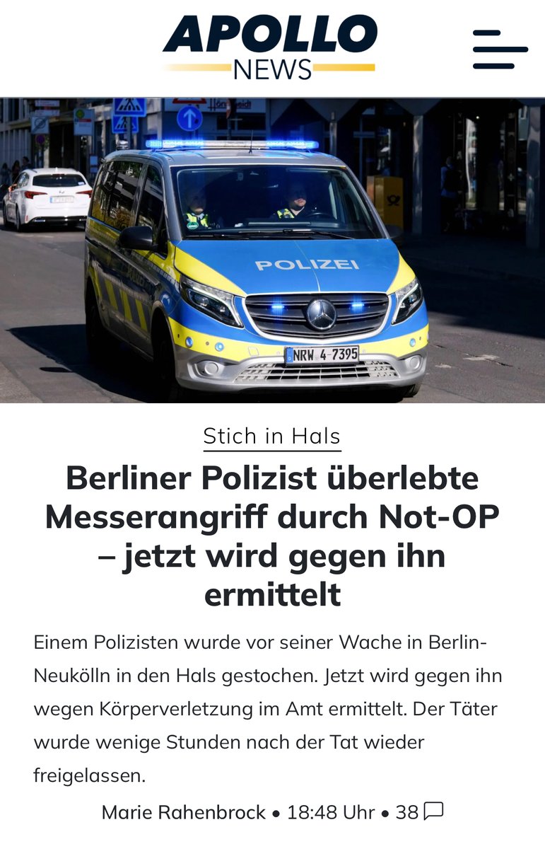 Ein Mann sticht einem Polizisten vor einer Polizeiwache ein Messer in den Hals - er überlebt nur durch eine Not-OP. 

Jetzt wird gegen den Polizisten (!) ermittelt, während der Messerangreifer frei herumläuft. 

Wie zur Hölle kann so etwas bitte sein?
apollo-news.net/berliner-poliz…