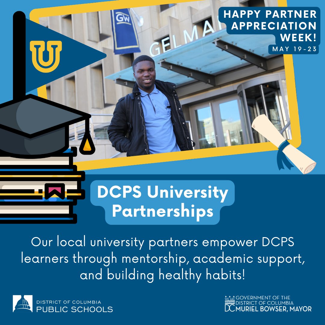 dcpublicschools's tweet photo. Shout out to our local universities and their commitment to student success! Their programs empower K-12 learners through mentorship, academic support, and building healthy habits! 🎓✨ #dcpspartners https://t.co/FKr8EhDaZZ