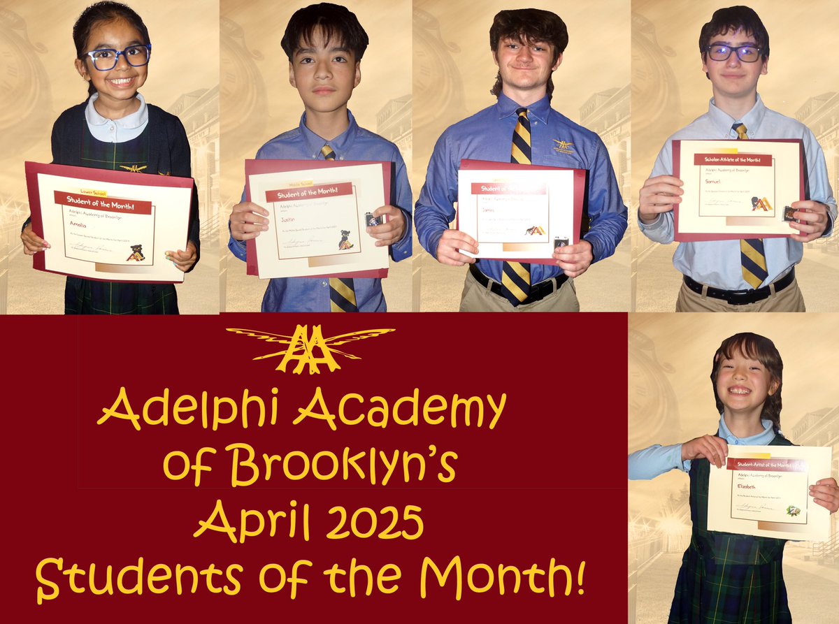 AdelphiAcademy's tweet image. Adelphi Academy's prestigious #StudentoftheMonth program continued with a very special assembly to recognize Adelphi’s April 2025 Students of the Month: Amalia (Lower School), Justin (Middle School), James (Upper School), Samuel (Scholar-Athlete) and Elizabeth (Student-Artist)!