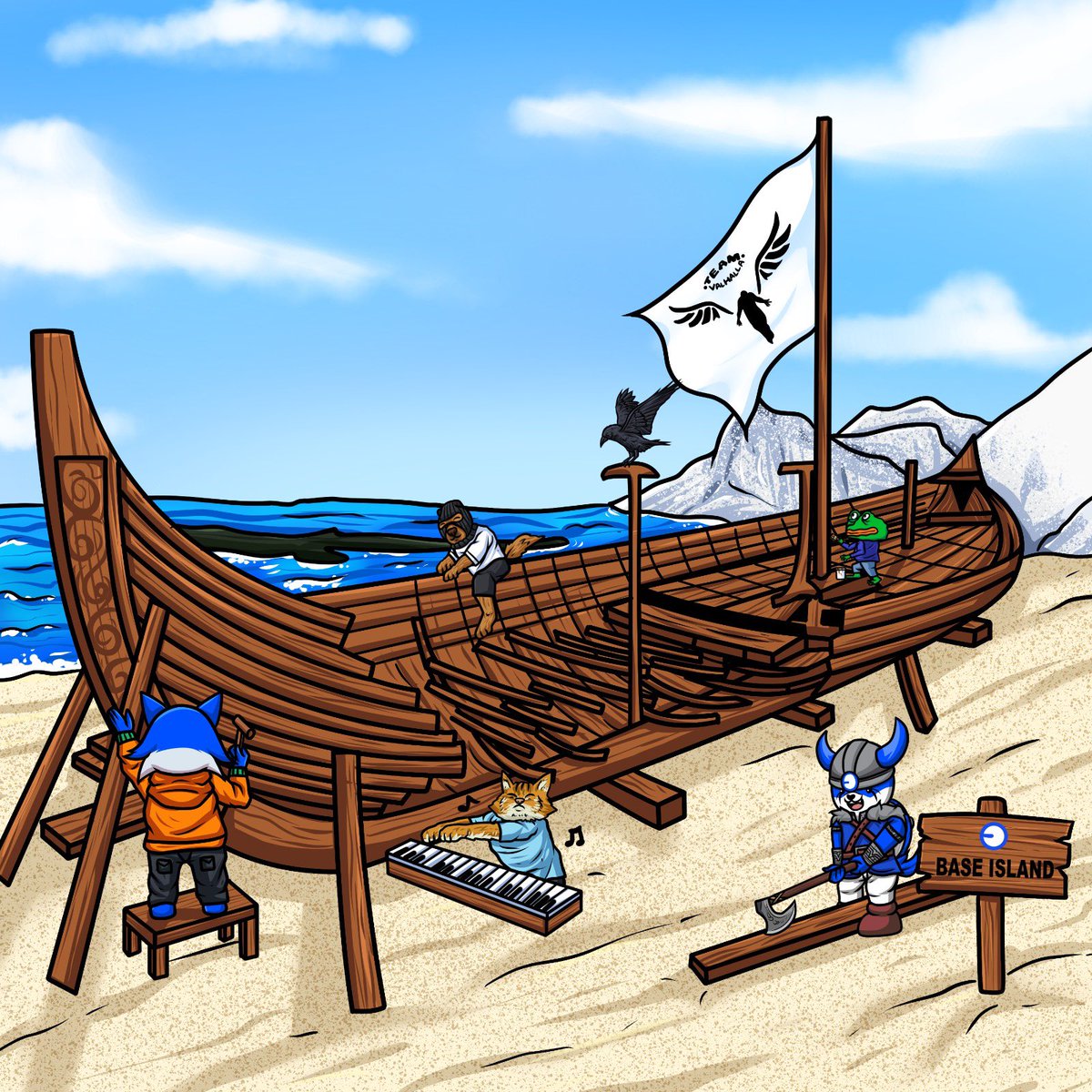 Floki_OnBase's tweet photo. Word spread like wildfire. By the next day everyone wanted to help $Floki build the ship to Valhalla. As $Keycat let his music fill the air, $Toshi nailed supports into the prow. $Okayeg painted the newly raised flag pole &amp; $Ski dog set beams into place along the side. https://t.co/09u1dX9AkM