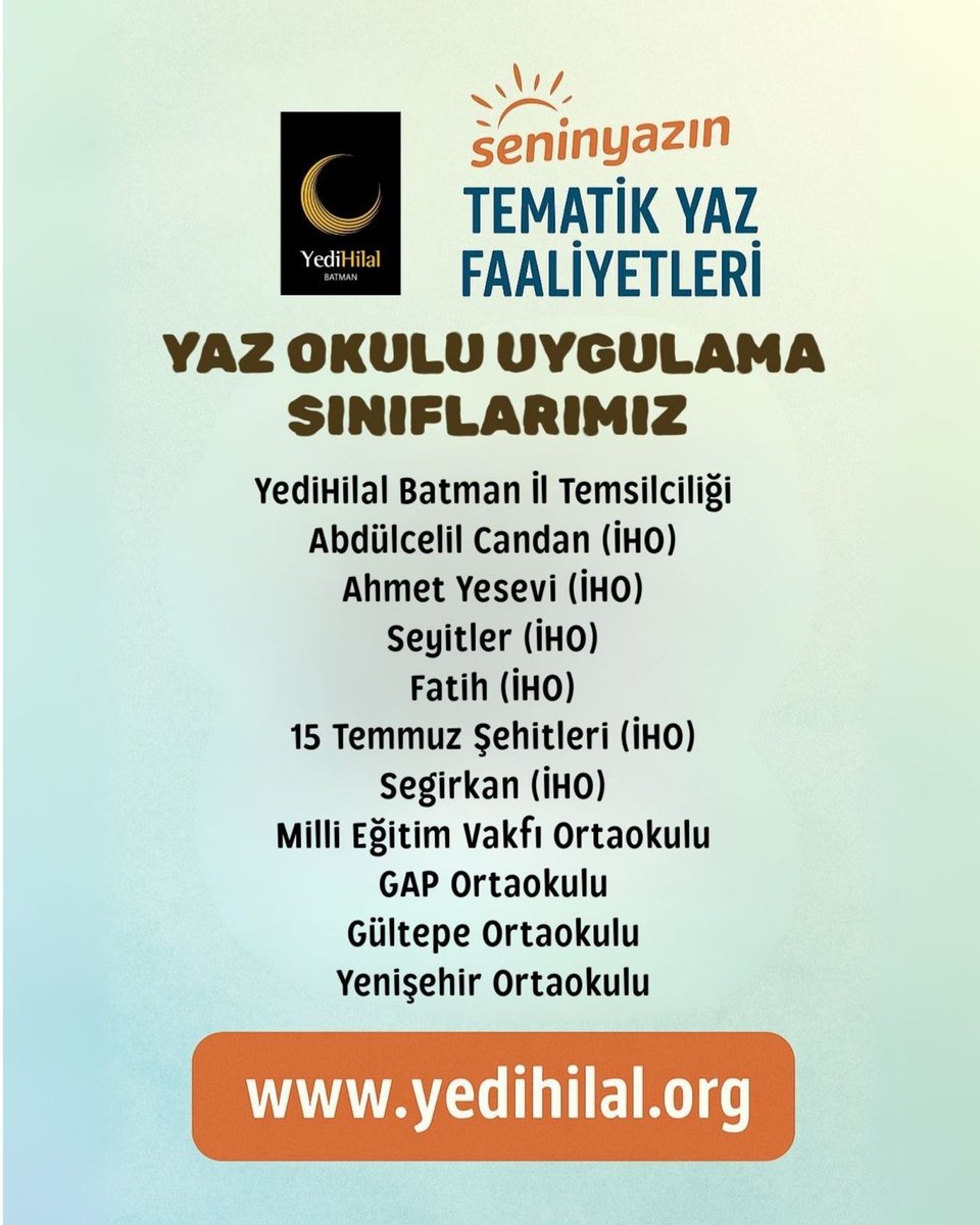 📢 Ortaokul öğrencilerine yönelik “Senin Yazın" tematik yaz faaliyetleri kayıtlarımız başladı 

Kontenjan Sınırlıdır 
Bende Sancaktar olmaya talibim diyorsanız acele ediniz.
Dolu Dolu bir yaz için Senin Yazında buluşuyoruz 

✏️ Kayıt için:

yedihilal.org/senin-yazin-te…