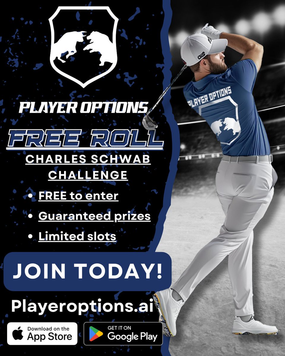 TraderTour's tweet image. Check out the new contests on Player options!

Introducing Free Roll! A free contest from @player_options! There are limited spots for entry so get in ASAP!

Get Trading: Playeroptions.ai
#CharlesSchwabChallenge #GolfTrading #PlayerOptions #TradeTheGame #LiveGolf #Freeroll