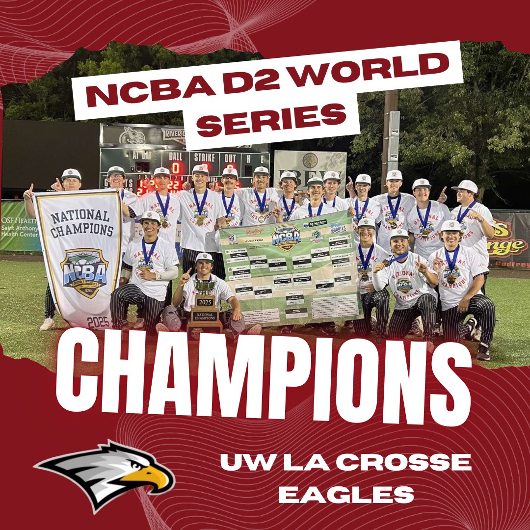 Your 24-25 NCBA D2 World Series champions, UW La Crosse Eagles! 

The Eagles pulled out a gritty championship win, 10-9, thanks to a 2 run bomb from Carl Biechler in the top of the 7th.