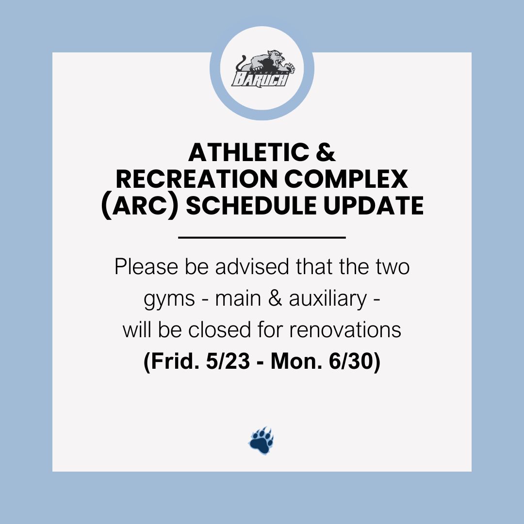 Baruch College Athletics (@baruchathletics) on Twitter photo ๐Special Announcement for the Athletic & Recreation Complex (ARC)! <a href="/BARUCHARC/">Baruch Recreation & Intramurals</a> ๐Special Announcement for the Athletic & Recreation Complex (ARC)! <a href="/BARUCHARC/">Baruch Recreation & Intramurals</a>