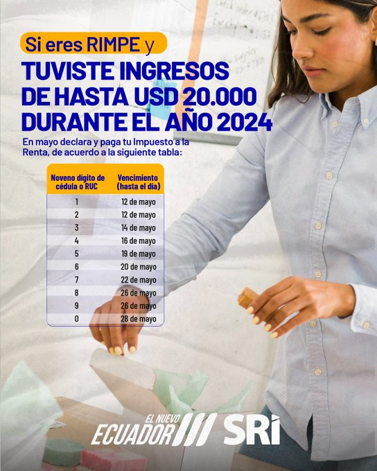 RonaldDomingz_'s tweet photo. Si eres parte del Rimpe:

➡️Negocios populares

En mayo de 2025 declara tu Impuesto a la Renta.

Hazlo en línea desde https://t.co/CyM6oPZiaT y sigue creciendo con responsabilidad. 

#ElNuevoEcuador https://t.co/kiI6WPEBdp
