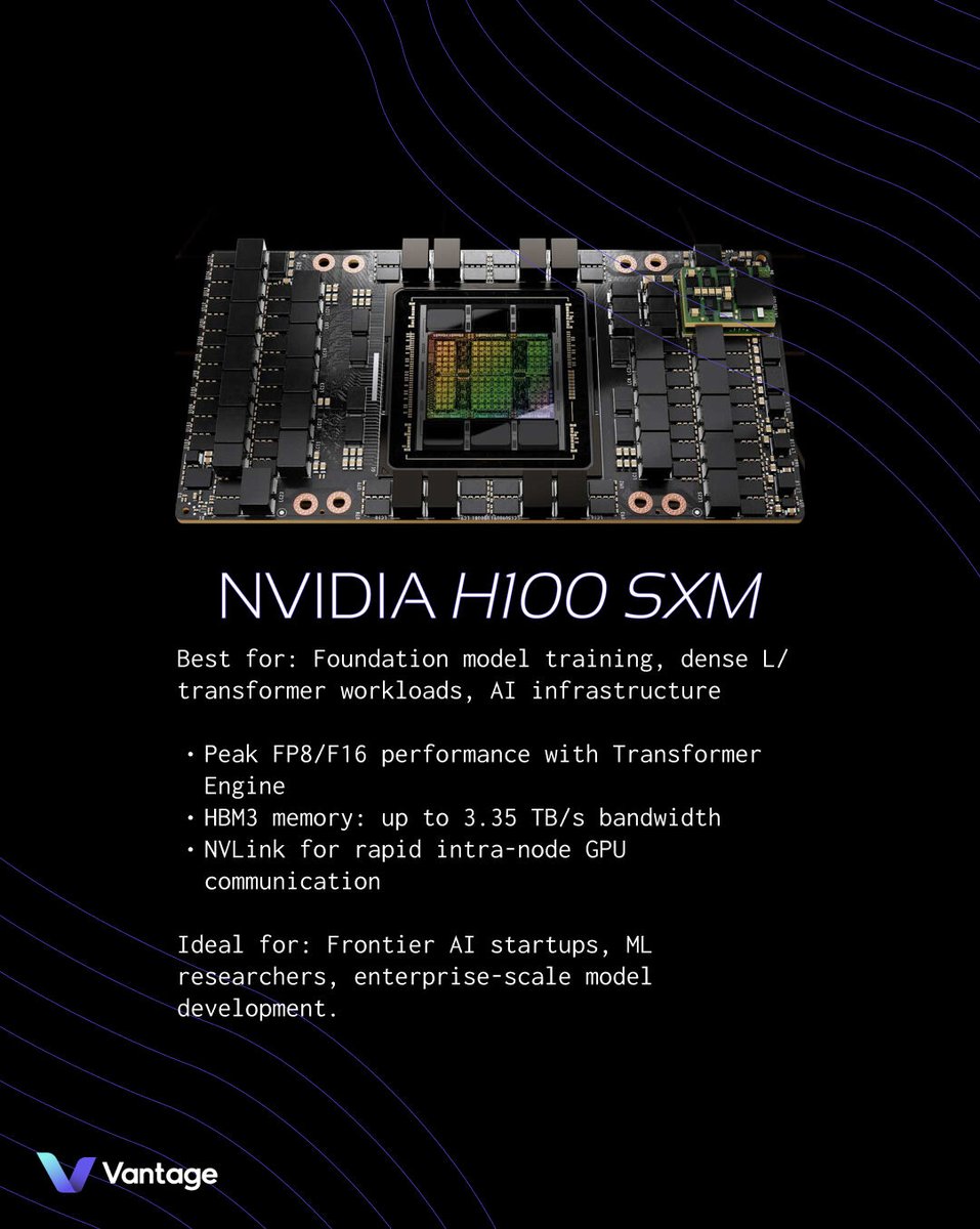 vantagecompute's tweet photo. Not sure what tech is right for your stack? 💿

We put together a quick breakdown of the heavy hitters; H100, GH200, Genoa, PCIe Gen5 and what they’re actually good for.

Get the full story 👉 https://t.co/bbcVeSQysg

#HPC #LLM #AIinfrastructure #MLops #GPUpowered #Compute https://t.co/tyE9xXtmcW