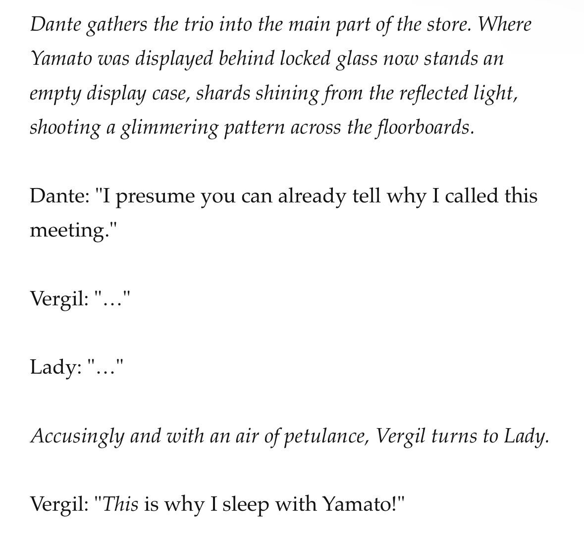 MaxwellRedfield's tweet photo. DMC4 AU, VerLady. Lady told Vergil now that they’re sharing a bed he is no longer allowed to sleep with Yamato next to him in the bed.
#VerLady https://t.co/LINdSFApBz