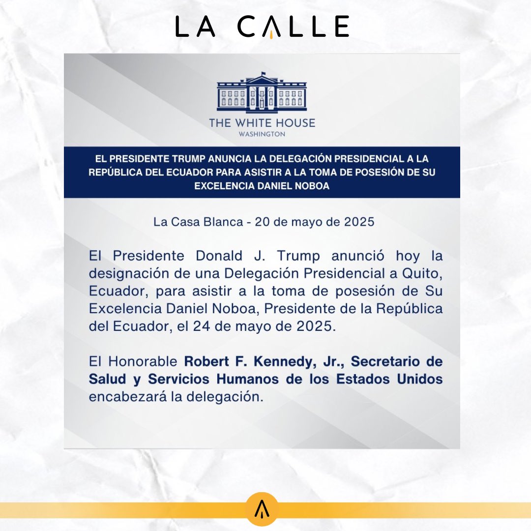 radiolacalle's tweet photo. 📌El presidente de Estados Unidos, Donald Trump no acudirá a la posesión del presidente Daniel Noboa, por el contrario enviará un delegado: secretario de Salud, Robert F. Kennedy. ⬇️ #Noticalle #NoticiasEC. https://t.co/GmxkOSjsnV