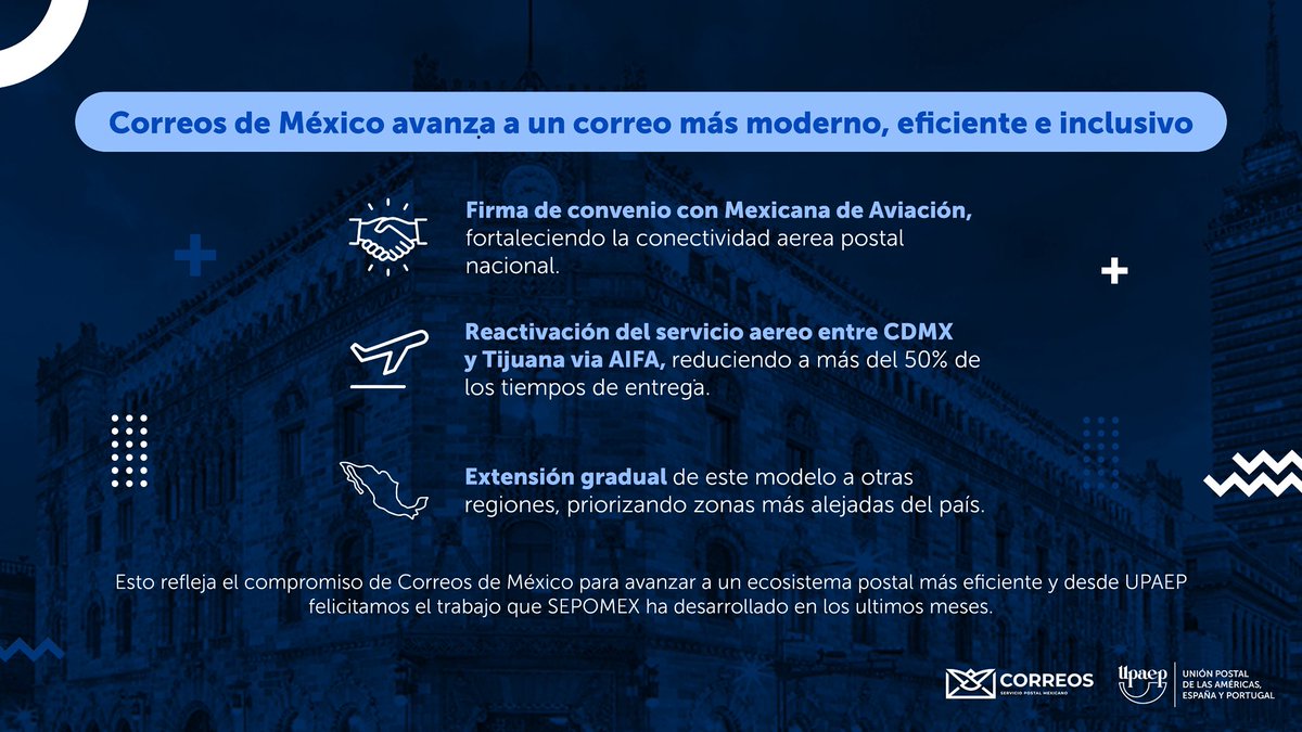 Unión Postal de las Américas, España y Portugal (@union_upaep) on Twitter photo Desde @union_upaep felicitamos el trabajo que @correosdemexico liderado por su Directora General <a href="/violeta_abreu/">Violeta Abreu</a>, realiza para lograr un ecosistema postal eficiente.
En UPAEP seguiremos trabajando de la mano con cada uno de nuestros miembros en el desarrollo postal en la región. Desde @union_upaep felicitamos el trabajo que @correosdemexico liderado por su Directora General <a href="/violeta_abreu/">Violeta Abreu</a>, realiza para lograr un ecosistema postal eficiente.
En UPAEP seguiremos trabajando de la mano con cada uno de nuestros miembros en el desarrollo postal en la región.