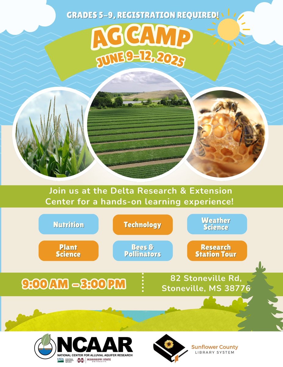 Delta Research & Extension Center (@onlyatdrec) on Twitter photo Sun- and fun-filled days ahead for students at our AG CAMP for 5th-9th-graders! They'll explore topics like weather science, bees and pollinators, and technology from 9 a.m. to 3 p.m. June 9-12.
Email Leah Eubank at Leah.gann@msstate.edu to register! Sun- and fun-filled days ahead for students at our AG CAMP for 5th-9th-graders! They'll explore topics like weather science, bees and pollinators, and technology from 9 a.m. to 3 p.m. June 9-12.
Email Leah Eubank at Leah.gann@msstate.edu to register!