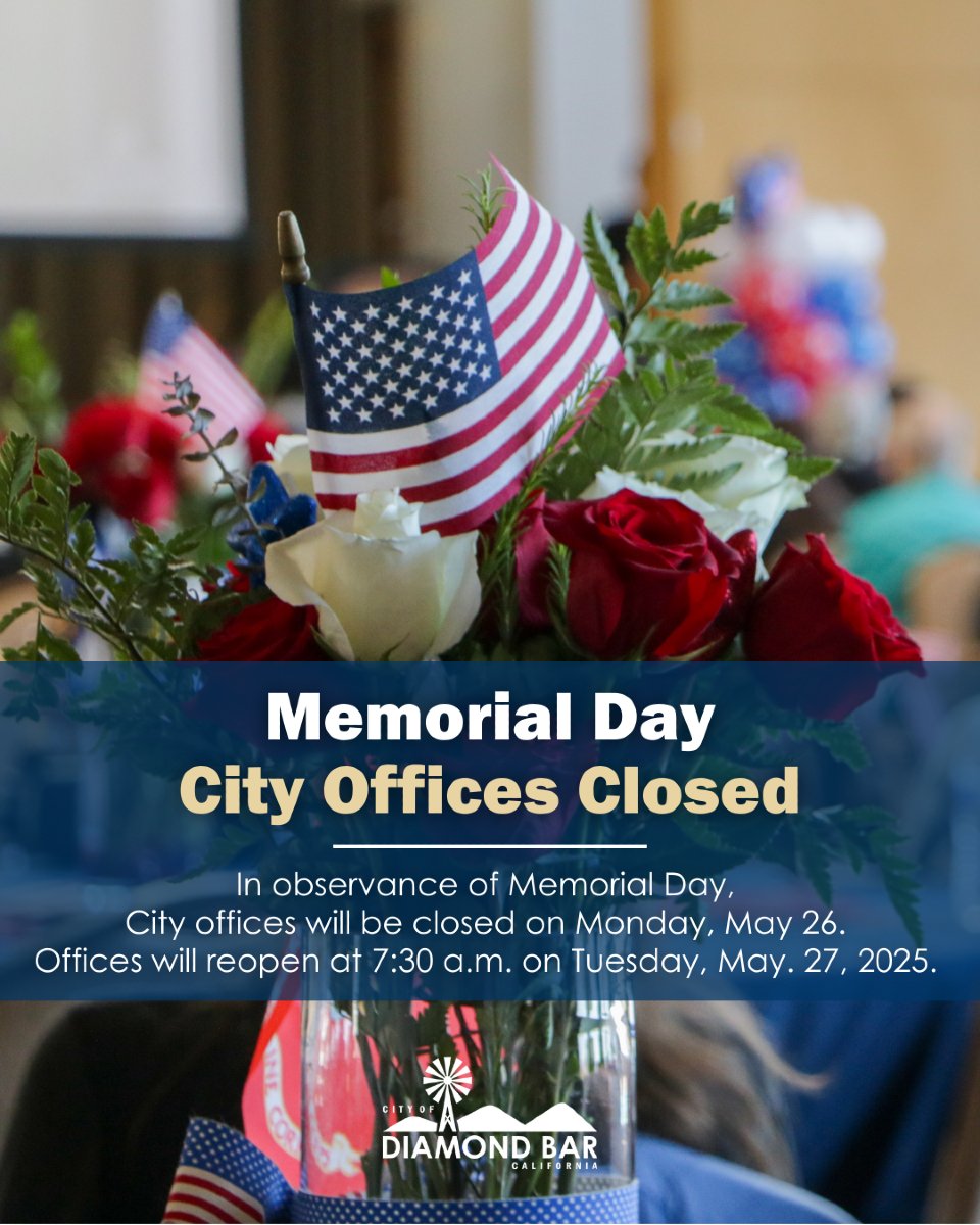 In observance of Memorial Day, City offices will be closed on Monday, May 26. 

Offices will reopen at 7:30 a.m. on Tuesday, May 27, 2025.