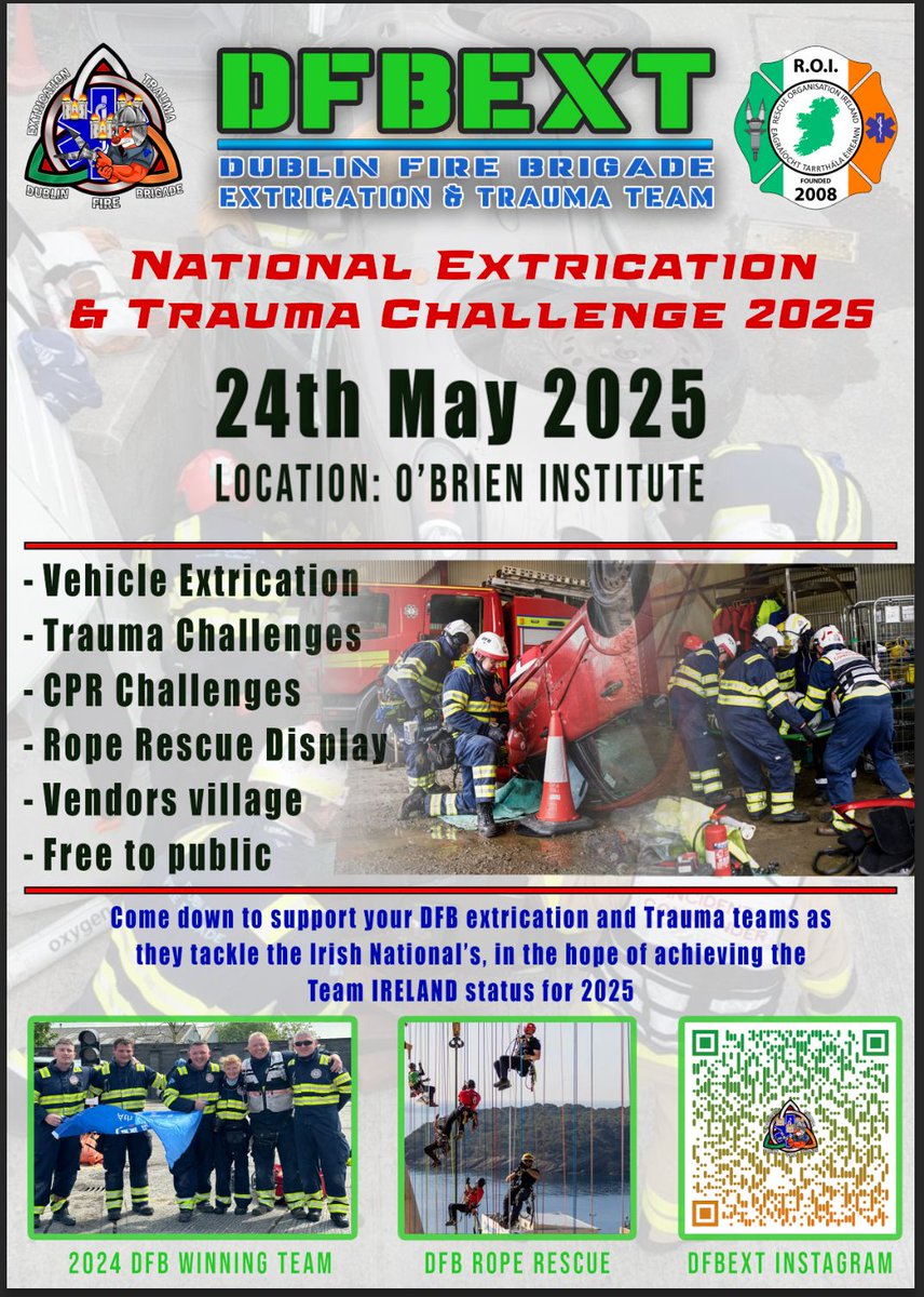 Dublin Fire Brigade (@dubfirebrigade) on Twitter photo If you're thinking of joining Dublin Fire Brigade, this is a great opportunity to see what's involved in road traffic collisions.
We are hosting the <a href="/RescueOrgIre/">Rescue Org Ireland</a> 2025 National Rescue and CPR challenge this Saturday.
Mark the date in your diary, bring the kids, and watch us If you're thinking of joining Dublin Fire Brigade, this is a great opportunity to see what's involved in road traffic collisions.
We are hosting the <a href="/RescueOrgIre/">Rescue Org Ireland</a> 2025 National Rescue and CPR challenge this Saturday.
Mark the date in your diary, bring the kids, and watch us