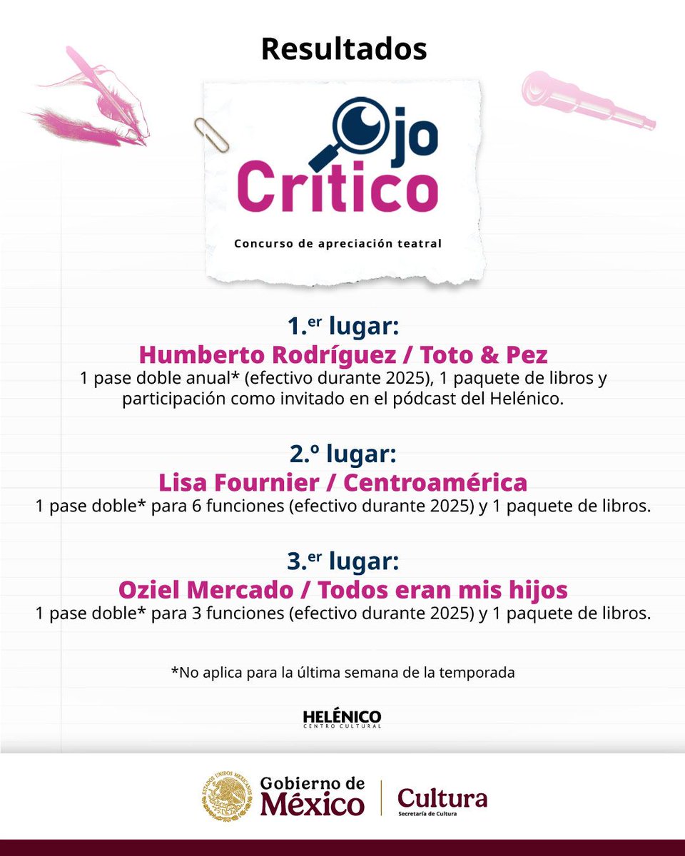 🔥 ¡Y el ganador es Humberto Rodríguez por escribir acerca de Toto y Pez! 🥁

El PASE ANUAL HELÉNICO #OjoCrítico ya tiene dueño.

🙌 Un enorme agradecimiento a todos los que participaron con sus reseñas. ¡El teatro nos une! 🎭💫

Consulta los resultados aquí: