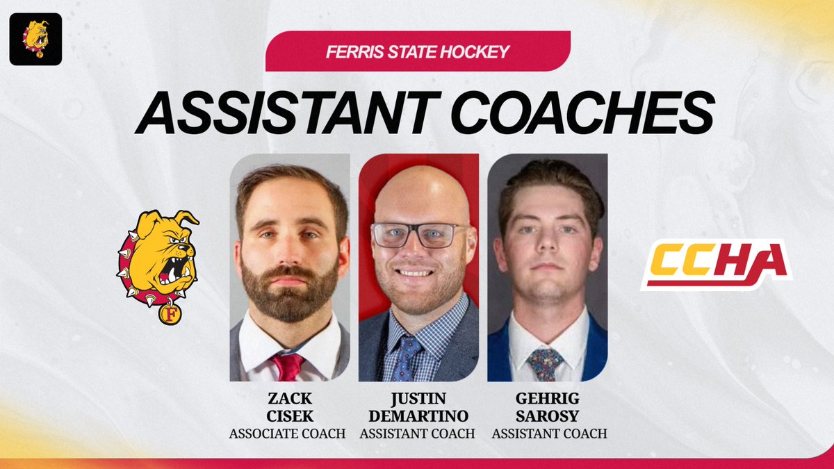 Ferris Athletics (@ferrisathletics) on Twitter photo WELCOME! New Ferris State Hockey head coach Brett Riley finalizes coaching staff with appointments of Zack Cisek, Justin DeMartino and Gehrig Sarosy to initial FSU staff! tinyurl.com/4ufeae23 <a href="/FerrisHockey/">Ferris State Hockey</a> WELCOME! New Ferris State Hockey head coach Brett Riley finalizes coaching staff with appointments of Zack Cisek, Justin DeMartino and Gehrig Sarosy to initial FSU staff! tinyurl.com/4ufeae23 <a href="/FerrisHockey/">Ferris State Hockey</a>