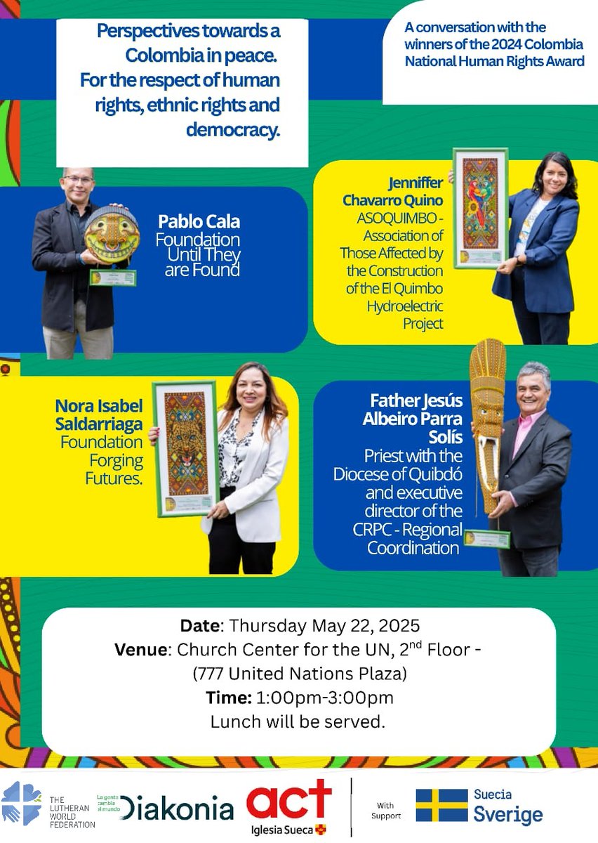 Premio Nacional de Derechos Humanos Colombia (@premionalddhh) on Twitter photo #Visitadeincidencia #EEUU
📌22 de Mayo
🕐12:00 - 2:0pm COL
Una conversación sobre la experiencia de los Ganadores en 2024 del <a href="/PremioNalDDHH/">Premio Nacional de Derechos Humanos Colombia</a>, un reconocimiento a su labor como defensores y defensoras de #DDHH en Col🇨🇴
Otorgan <a href="/DiakoniaLA/">Diakonia América Latina</a> <a href="/Act_Svk/">Act Svenska kyrkan</a> con el apoyo de <a href="/SwedeninCOL/">Sweden in Colombia</a> 🇸🇪 #Visitadeincidencia #EEUU
📌22 de Mayo
🕐12:00 - 2:0pm COL
Una conversación sobre la experiencia de los Ganadores en 2024 del <a href="/PremioNalDDHH/">Premio Nacional de Derechos Humanos Colombia</a>, un reconocimiento a su labor como defensores y defensoras de #DDHH en Col🇨🇴
Otorgan <a href="/DiakoniaLA/">Diakonia América Latina</a> <a href="/Act_Svk/">Act Svenska kyrkan</a> con el apoyo de <a href="/SwedeninCOL/">Sweden in Colombia</a> 🇸🇪