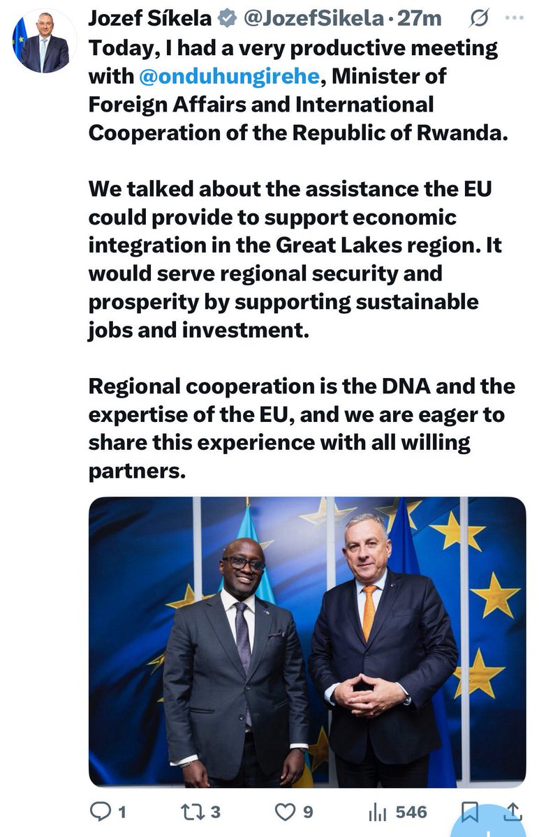 I hope commissioner <a href="/JozefSikela/">Jozef Síkela</a>  pointed out that economic integration is not about  backing armed groups to extract minerals illegally from neighboring countries, and disrespecting their territorial integrity and sovereignty. What EU should do is suspend its MoU with Rwanda