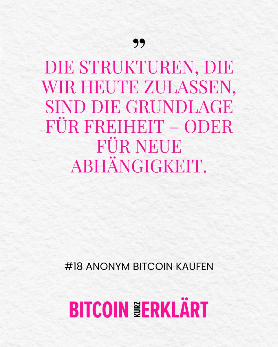 Nicole Nowak (@nicolen8wak) on Twitter photo Neues Bitcoin ATH – aber zu welchem Preis?
Wenn der Zugang zu Bitcoin nur noch über KYC funktioniert, verliert Bitcoin das, was es so einzigartig macht: seinen freiheitlichen Charakter.
Neue Folge <a href="/bitcoinkurz/">Bitcoin kurz erklärt 🎙️</a> ab Donnerstag online!
#18 Anonym Bitcoin kaufen 🎧 Neues Bitcoin ATH – aber zu welchem Preis?
Wenn der Zugang zu Bitcoin nur noch über KYC funktioniert, verliert Bitcoin das, was es so einzigartig macht: seinen freiheitlichen Charakter.
Neue Folge <a href="/bitcoinkurz/">Bitcoin kurz erklärt 🎙️</a> ab Donnerstag online!
#18 Anonym Bitcoin kaufen 🎧