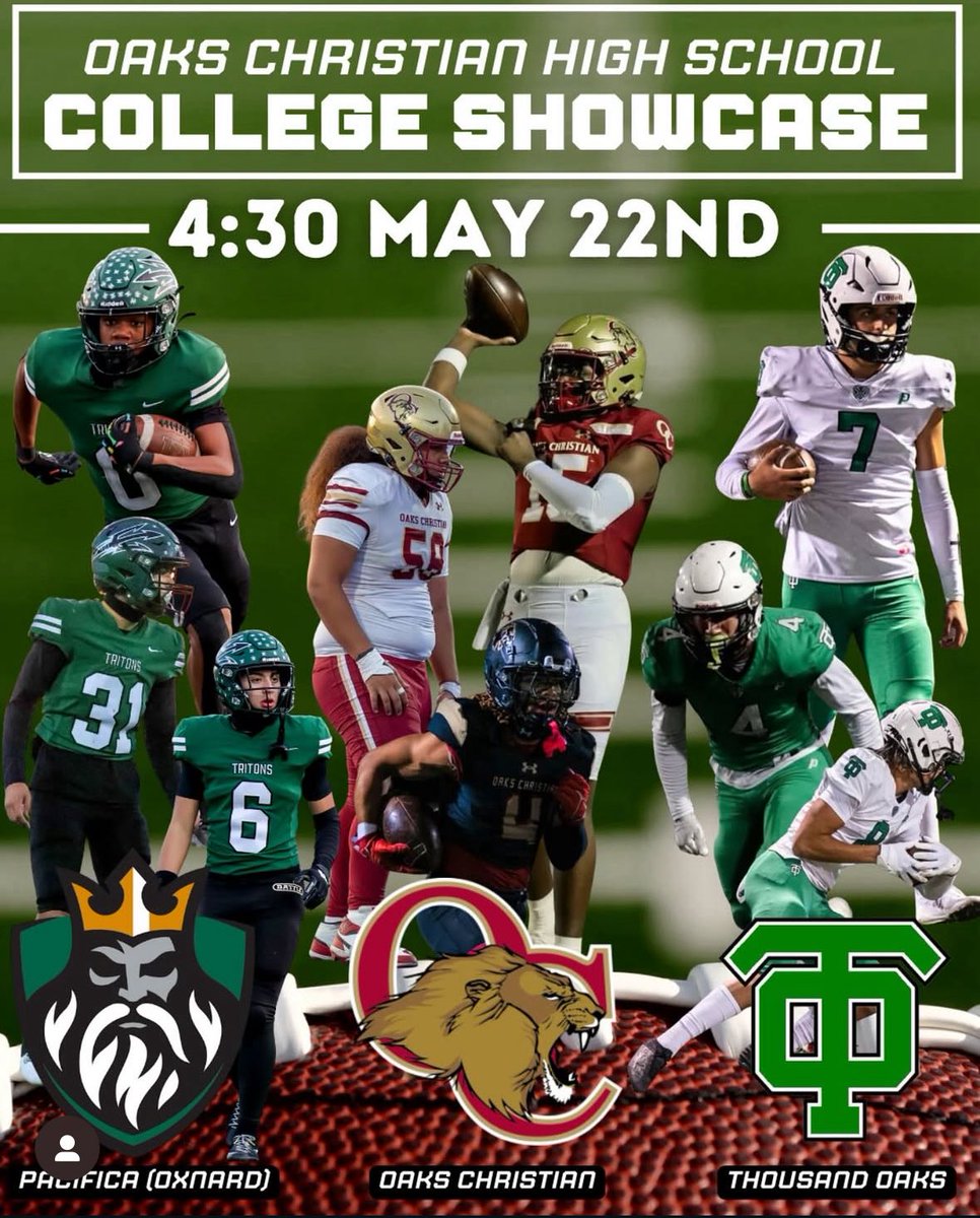 Showcase Thursday, May 22 at Oaks Christian High school. BE THERE!! 
Can’t wait to compete and show off my skills. 
<a href="/OaksChrstnLions/">Oaks Christian Lions</a> <a href="/oclionsfootball/">OC Lions Football</a> <a href="/Coach__Carlos/">Coach Carlos</a> <a href="/alecsimpson5/">Alec Simpson</a> <a href="/GregBiggins/">Greg Biggins</a> <a href="/PGregorian/">Paul Gregorian</a> <a href="/LJ_Reyna/">Lorenzo J. Reyna</a>