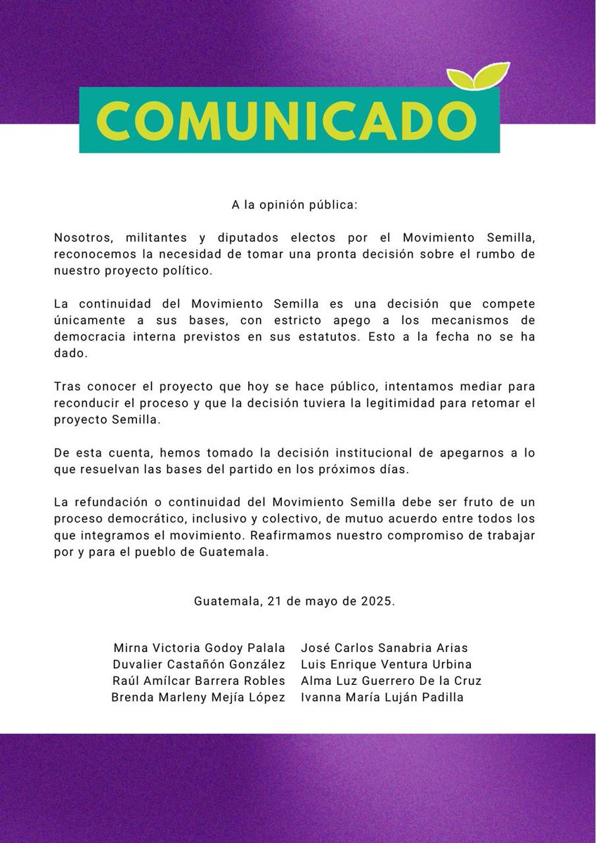 Vicpalala's tweet photo. A los afiliados y afiliadas y simpatizantes de Movimiento Semilla y a la población en general hacemos saber:

#DemocraciaSemilla
#SemillaGT https://t.co/DkrMvdu7UA