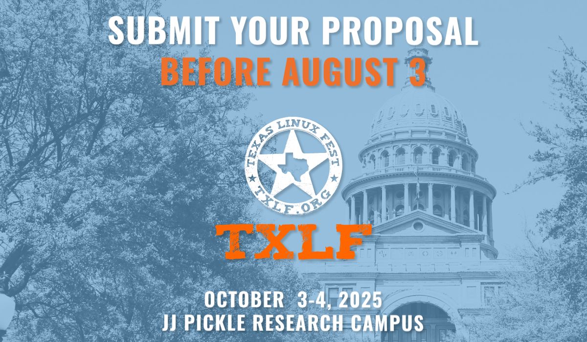texaslinuxfest's tweet image. Got insights on #Linux, #OpenSource, #DevOps, cloud computing or more? ๐ค
Share your expertise at Texas Linux Fest 2025 in Austin!
CFP is now open โ submit your talk today! papercall.io/txlf2025
Join us at #TXLF!
๐ October 3-4, 2025
๐ JJ Pickle Research Campus, Austin, TX