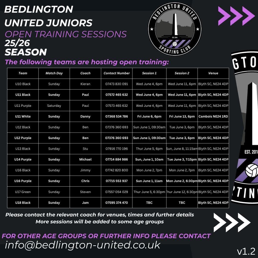 Open training dates for unattached players, anyone interested please get in touch with age group contact number 👍