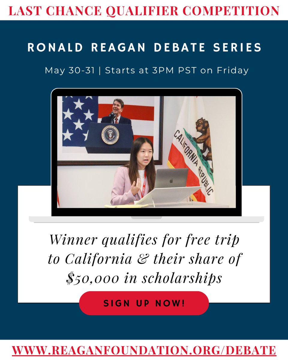 RonaldReaganEDU's tweet image. 🎤 Can’t attend a regional debate in person? No problem. High school students nationwide can now register for the Ronald Reagan Debate Series online tournament—your chance to compete for your share of $50,000 in scholarships. 🏆
📲 Learn more: reaganfoundation.org/debate