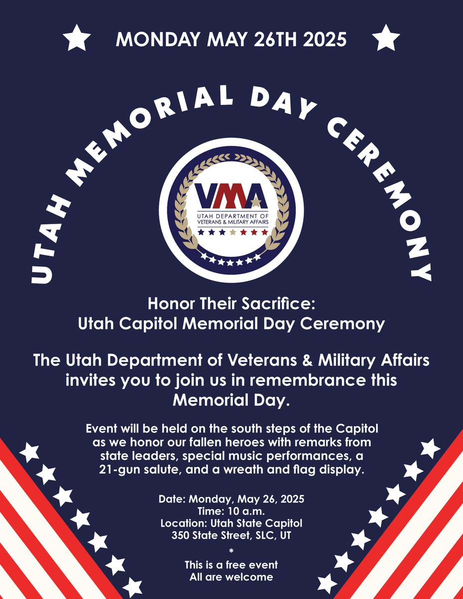 This Memorial Day, join us at the Utah Capitol.

🗓️ Monday, May 26th, 10 AM📍 South Steps of the Utah State Capitol. 

Hear from Utah Attorney General Derek Brown &amp; U.S. Senator John Curtis as we honor those who made the ultimate sacrifice.