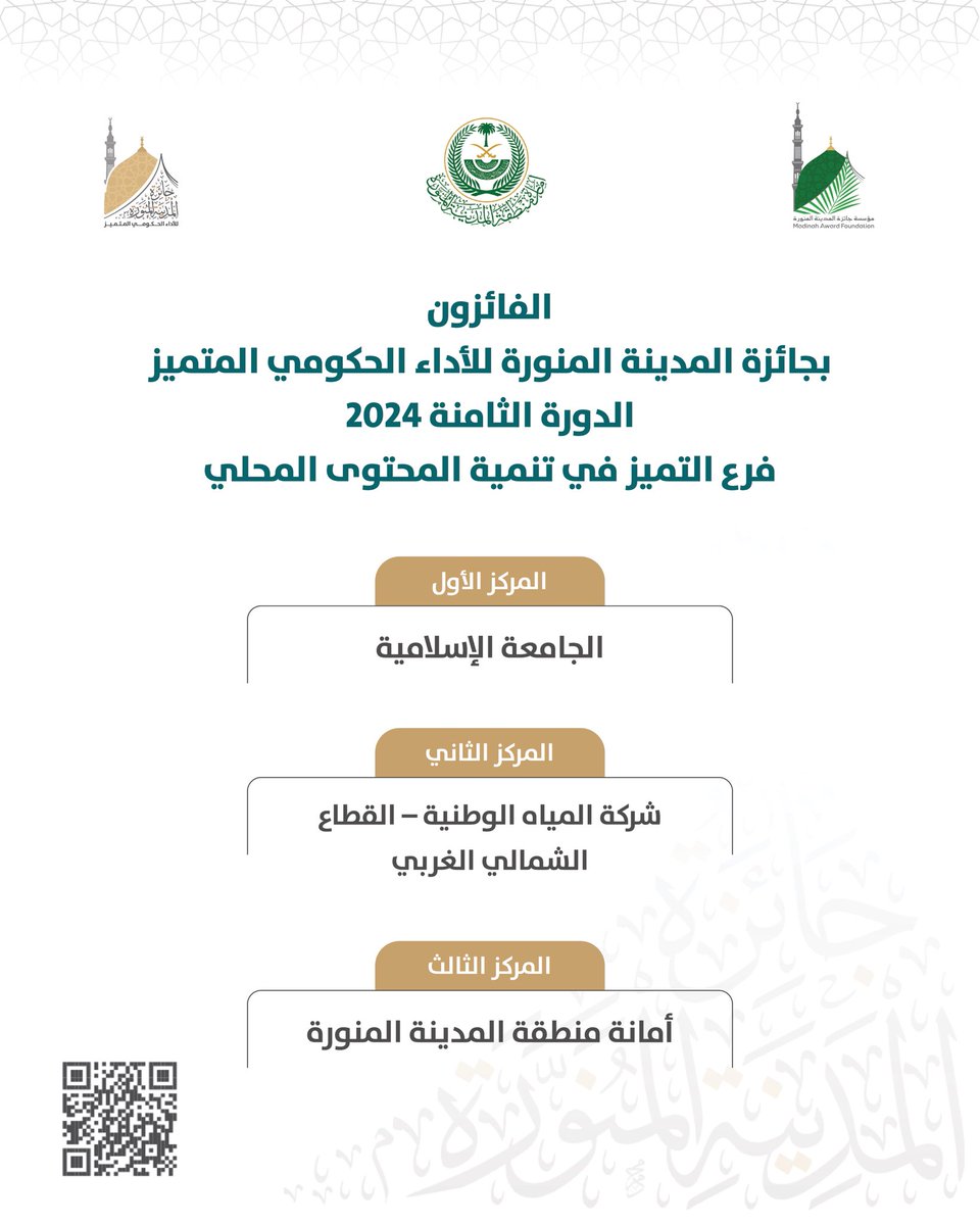 MadinahAward's tweet photo. الفائزون بـ #جائزة_المدينة_المنورة_للأداء_الحكومي_المتميز - 2024 
فرع التميز في تنمية المحتوى المحلي https://t.co/2Tm51zIfIf
