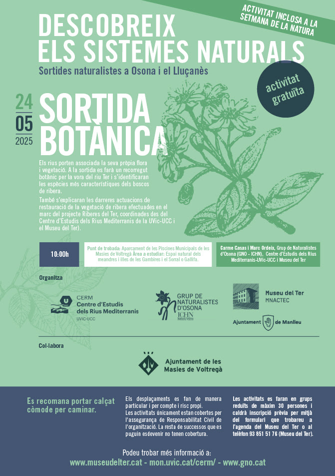 🗓️Aquest dissabte dia 24 de maig, a les 10 h, us esperem a l'aparcament de les piscines de les Masies de Voltregà per estudiar la flora característica dels boscos de ribera del Ter!🏞️També explicarem les accions de restauració que hi han fet des del <a href="/cerm_uvic/">CERM, Centre d'Estudis dels Rius Mediterranis</a> i <a href="/museudelter/">Museu del Ter</a>